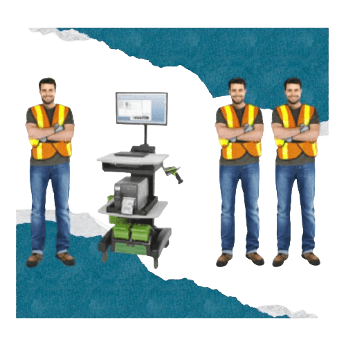 Three men in orange safety vests and jeans stand around an Industrial Mobile Workstation brimming with electronic equipment, including a monitor and printer, set against a blue torn paper background.