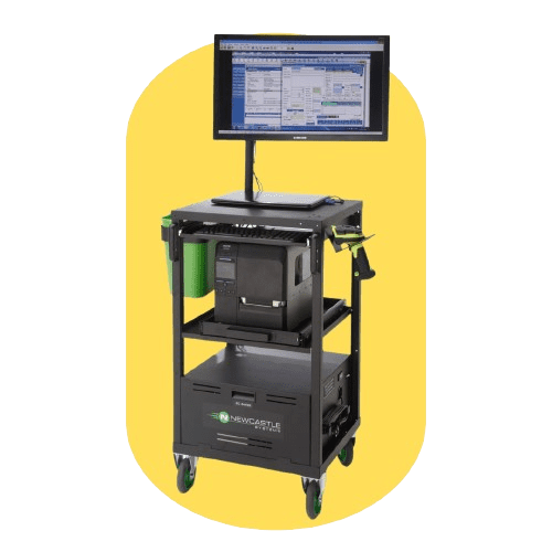 Mobile workstation on wheels with a mounted monitor, shelves, and electronic equipment, set against a yellow background—an innovative Productivity Solution by NewCastle Systems.
