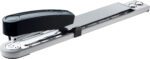 The Novus B15 Long Arm Stapler has a modern silver and black design with an extended arm, ideal for stapling large sheets at the center. Its style is enhanced by two circular metal buttons near the hinge.