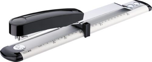 Novus_B17_Long_Arm_Stapler.jpg The sleek Novus B17 Long Arm Stapler (case of 15) in black and silver combines stapling and hole punching on an adjustable metal arm, featuring measurements for various paper sizes for a modern and functional design against a plain white backdrop.