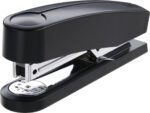 A Novus B2 Compact Stapler from a case of 20 is sleekly displayed on a white background, highlighting its black top and exposed metal components. Its angle showcases the full length and staple loading area.