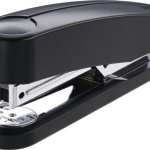 A Novus B2 Compact Stapler from a case of 20 is sleekly displayed on a white background, highlighting its black top and exposed metal components. Its angle showcases the full length and staple loading area.