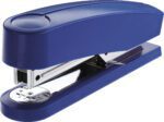 The Novus B2 Compact Stapler in blue, featuring a sleek rounded design and robust metal mechanism, comes in a case of 20. It is captured closed, resting on its base with a striking blue and silver finish from a three-quarter angle.
