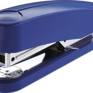 The Novus B2 Compact Stapler in blue, featuring a sleek rounded design and robust metal mechanism, comes in a case of 20. It is captured closed, resting on its base with a striking blue and silver finish from a three-quarter angle.