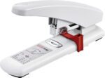 The Novus B40 Heavy Duty Stapler (Case Of 20) boasts sturdy metal components with a sleek white and red design. Its long base features printed instructions, and the ergonomic curved handle offers comfort. The model number 840 is clearly marked.