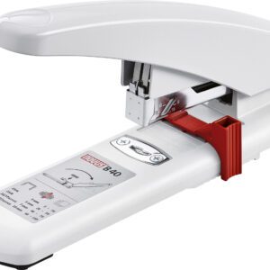 The Novus B40 Heavy Duty Stapler (Case Of 20) boasts sturdy metal components with a sleek white and red design. Its long base features printed instructions, and the ergonomic curved handle offers comfort. The model number 840 is clearly marked.