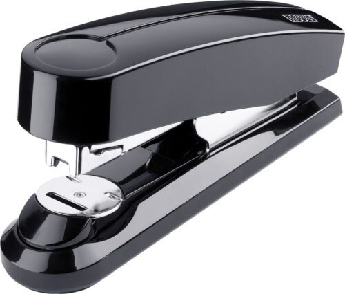 A Novus B4fc Flat Clinch Stapler, Black (Case of 50), rests elegantly on a white background, showcasing its glossy design with a visible staple compartment and sturdy metal lever for optimal functionality.