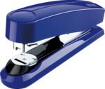 The Novus B4fc Flat Clinch Stapler in blue, available as a case of 50, features shiny metallic components against a glossy exterior. Its elegant design and functionality are highlighted on a white background, making it perfect for style-conscious users.