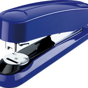 The Novus B4fc Flat Clinch Stapler in blue, available as a case of 50, features shiny metallic components against a glossy exterior. Its elegant design and functionality are highlighted on a white background, making it perfect for style-conscious users.