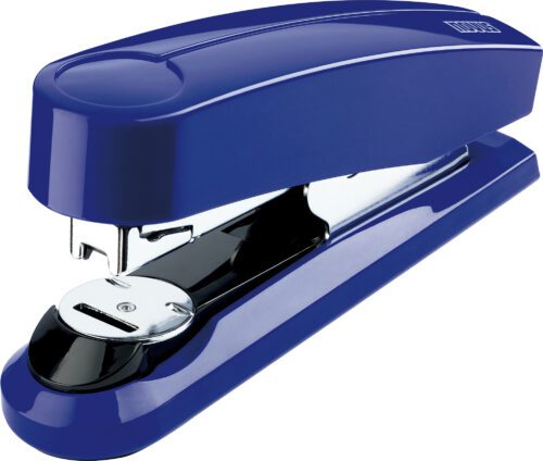The Novus B4fc Flat Clinch Stapler in blue, available as a case of 50, features shiny metallic components against a glossy exterior. Its elegant design and functionality are highlighted on a white background, making it perfect for style-conscious users.