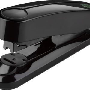 The Novus B4fc re+new Stapler, Black (Case of 20), is a sleek, glossy black desktop stapler featuring a rounded top and spring-loaded base for office use. The brand logo is subtly displayed on its surface.