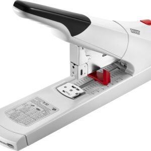 The Novus B50 Heavy Duty Stapler (Case of 10) has a white and silver design with a red adjustment knob, paper measurement guide, black-accented top, and clear base scale for precise sheet alignment.