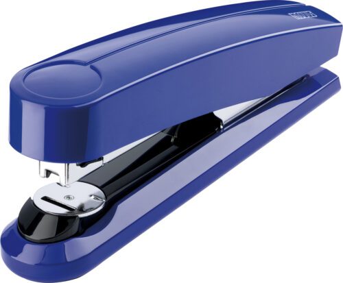The Novus B5fc Flat Clinch Stapler in blue, available by the case of 40, features a modern design with a striking blue finish. Its closed form discreetly highlights the metallic stapling mechanism underneath, making it an exceptional choice for discerning office professionals.