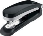 The Novus E25 Compact Stapler, Black (Case Of 20), boasts a stylish black and silver design with metallic and plastic elements elegantly presented against a white background in an angled front view.