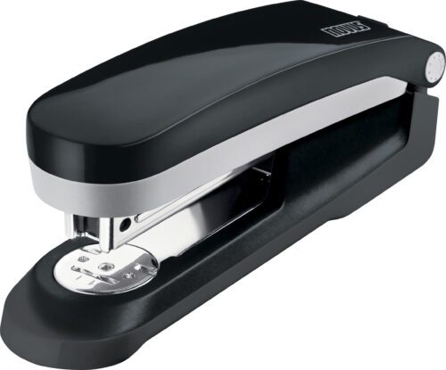 The Novus E25 Compact Stapler, Black (Case Of 20), boasts a stylish black and silver design with metallic and plastic elements elegantly presented against a white background in an angled front view.