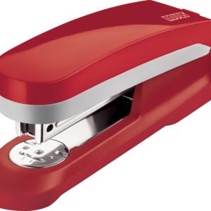 The Novus E25 Compact Stapler, Red (Case of 20) features a shiny metallic base and embossed brand logo, offering a modern design ideal for any office or home setting.