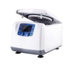 The MH-USA Clinical Centrifuge w/Timer boasts a modern design with a digital interface, operating at 300-4500rpm. It features a rotor for 5/7/10ml x 12 or 15ml x 6 tubes, enhanced by blue accents and stabilized with four rubber feet.
