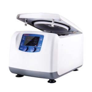 The MH-USA Clinical Centrifuge w/Timer boasts a modern design with a digital interface, operating at 300-4500rpm. It features a rotor for 5/7/10ml x 12 or 15ml x 6 tubes, enhanced by blue accents and stabilized with four rubber feet.