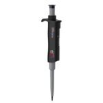 Meet the MH-USA Per4mance Pipette: a sleek black and gray, single-channel, adjustable volume pipette (0.1-2.0μl) equipped with a digital display and thumb-operated plunger for precise lab measurements.