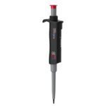 The sleek MH-USA Per4mance Pipette, featuring black and gray colors with red accents, is a single-channel laboratory micropipette designed for scientific and medical applications. It offers an adjustable volume of 2-20μl and includes a digital display for precise liquid measurement.