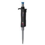 The MH-USA Per4mance Pipette, with adjustable volume from 5-50μl, is a single-channel tool in black and grey. It features a blue plunger and ergonomic design for enhanced comfort, while white brand labeling and color graphics ensure precise liquid handling in labs.
