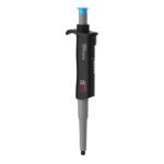 The MH-USA Per4mance Pipette is a black and gray single-channel adjustable micropipette (20-200μl) with a blue tip, featuring measurement markings, a thumb-operated plunger, and an ergonomic grip for precise liquid handling in lab settings.