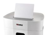 Close-up of a Dahle PaperSAFE® PS 240 Shredder, Deskside edition, with a single sheet of paper partially inserted in the top slot.