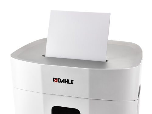 PaperSAFE__PS_380_Shredder_-_Hassle-Free_Deskside_Shredding.jpg A Dahle PaperSAFE® PS 380 Paper Shredder, Deskside, sits neatly with a white paper partially inserted into the top slot, showcasing its sleek design and branded front.