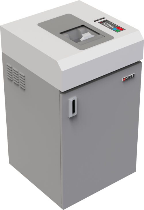 The gray Dahle PowerTEC® 808 MS Digital Media Shredder boasts a stylish white top, front handle, and compact control panel on the top right. Its front-viewing window shows shredded paper inside, while the Dahle logo stands for quality and reliability.