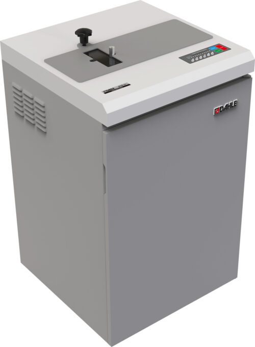 The Dahle PowerTEC® 818 HD Hard Drive Punch in gray is displayed at an angle, showcasing a control panel with buttons and indicators. It features a top slot for paper insertion, a sturdy base, and prominently displays the brand name on the front.