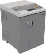 The Dahle PowerTEC® 828 HD Hard Drive/Paper Shredder in gray features bottom double doors, a top control panel with buttons and emergency stop, and a rectangular slot for efficient paper insertion.