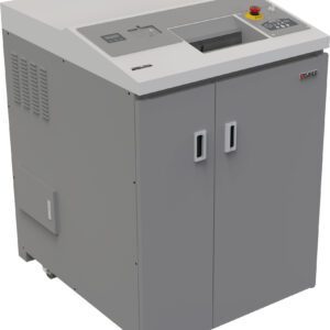 The Dahle PowerTEC® 828 HD Hard Drive/Paper Shredder in gray features bottom double doors, a top control panel with buttons and emergency stop, and a rectangular slot for efficient paper insertion.