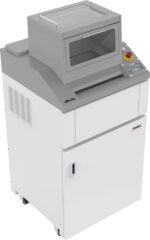 The Dahle PowerTEC® 909 HS Industrial Shredder features a transparent top cover, control panel with buttons, safety key switch, and comes in white and gray. It also includes a lower cabinet and wheels for easy mobility.