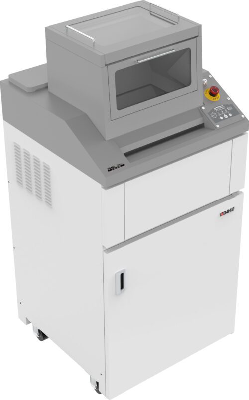 PowerTEC__909_HS_Hopper_Shredder.jpg The Dahle PowerTEC® 909 HS Industrial Shredder features a transparent top cover, control panel with buttons, safety key switch, and comes in white and gray. It also includes a lower cabinet and wheels for easy mobility.