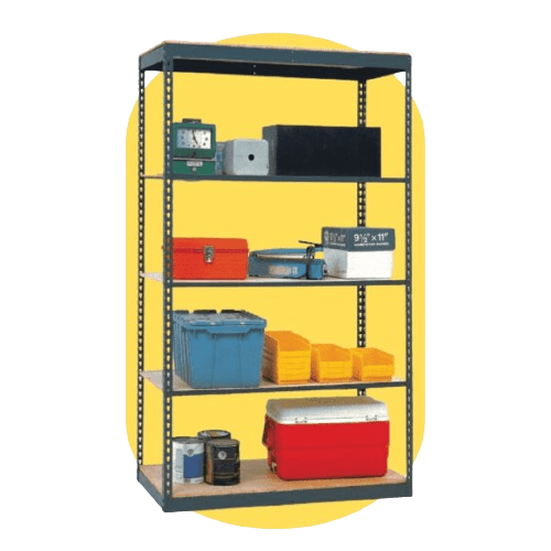 Metal shelving unit with four tiers against a yellow background. Perfect for workshop organization, the shelves hold various storage boxes, including a gray safe, red toolbox, blue bin, yellow containers, and a red cooler.