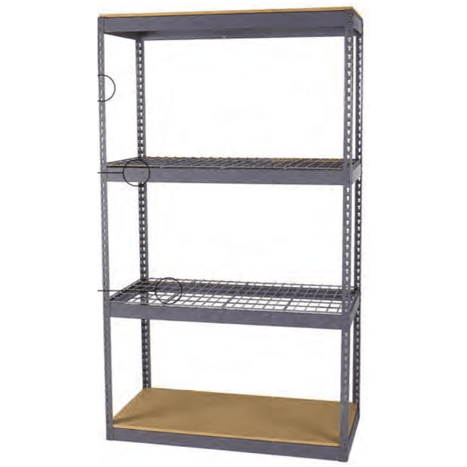 A metal shelving unit with three wire mesh shelves and a solid wooden base, designed for storage. The shelves are supported by a gray frame with perforated vertical beams for adjustable shelf placement.