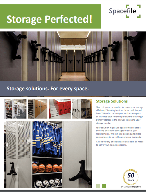 Discover the Spacefile Mobile Shelving brochure, showcasing innovative storage solutions with images of shelves holding boxes, golf clubs, and sports helmets. Our text emphasizes customization and efficiency. Celebrate 50 Years of Storage Innovation with us, marked by our prestigious gold badge.