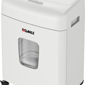 The Dahle ShredMATIC® SM 90 Auto-Feed Paper Shredder, in white, features a sleek rectangular design with a transparent viewing window, top control buttons, four caster wheels for easy mobility, and displays the brand logo on the front while efficiently shredding up to 90 sheets.