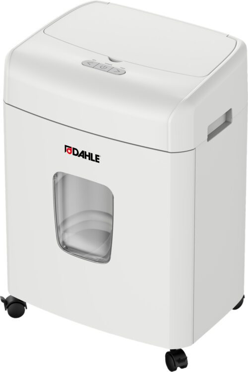 The Dahle ShredMATIC® SM 90 Auto-Feed Paper Shredder, in white, features a sleek rectangular design with a transparent viewing window, top control buttons, four caster wheels for easy mobility, and displays the brand logo on the front while efficiently shredding up to 90 sheets.
