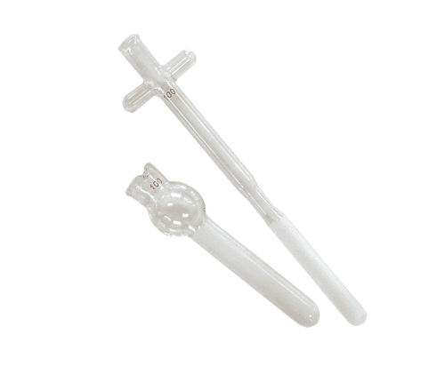 The MH-USA Glass Tissue Grinder, Dounce/TenBroeck Style, 15ml, showcases two pipettes arranged diagonally on a white background. The top pipette has measurement markings and a cross-shaped handle, while the bottom features a bulbed end.