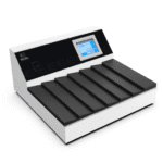 A bill counter inspired by the MH-USA Microscope Slide Dryer/Warmer, featuring a digital display and touchscreen controls. It has multiple black banknote slots against a stylish white and black body, with the screen displaying various numerical settings.