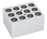 The MH-USA Dry Bath Block, designed for 12 x 15ml conical tubes, features twelve evenly spaced holes and a central threaded hole. It has a silver metallic finish and a rectangular shape to perfectly fit Φ17.1mm x 44.5mm dimensions.
