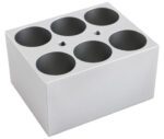 The MH-USA Dry Bath Block features a silver metallic design with six Φ29.0mm x 47.6mm cylindrical holes for conical tubes, arranged in two rows of three, plus two central threaded holes for securing 5 x 50ml vessels.