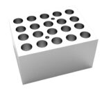 The white MH-USA Dry Bath Block has a rectangular shape with multiple evenly spaced circular holes for 20 x 2.0ml Eppendorf Tubes, Φ11.5mm x 38.1mm, highlighted from a slightly elevated angle to show precise arrangement.