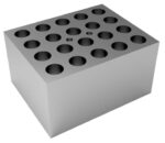 A 3D rendering displays the MH-USA Dry Bath Block for round tubes, with a metallic rectangular block and a smooth finish. The top surface is designed with multiple cylindrical holes in a grid pattern, accommodating 24 x 10mm tubes (Φ10.7mm x 48.4mm).