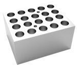 The MH-USA Dry Bath Block, designed to hold vials up to 20 x 12mm with a Φ of 12.7mm x 30mm, is a glossy white block with sharp edges and a flat top featuring precisely spaced circular holes in a grid pattern.