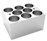 The MH-USA Dry Bath Block is a white rectangular piece with circular holes, casting intriguing shadows. Its design includes Φ23.8mm x 45mm for versatile laboratory applications, such as holding 8 vials of 23mm diameter precisely.