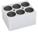 The MH-USA Dry Bath Block is a light gray, smooth-finished rectangular metallic piece with six circular indentations for vials up to 28mm in diameter, arranged in two rows of three.