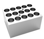 The MH-USA Dry Bath Block is a white rectangular block with 15 evenly spaced dark circular holes on top, designed for vials of Φ16.4mm x 45mm, creating a uniform contrast against the light-colored block.