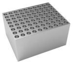 The MH-USA Dry Bath Block, tailored for 0.2ml tubes and 10 x 8 PCR tube strips, features multiple evenly spaced circular holes on a rectangular metallic surface that beautifully reflects light against a plain white background.